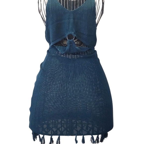 SHEIN hollow cut-out fringe swimsuit cover-up teal size small - Picture 2 of 3